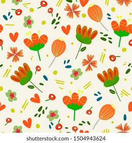 Floral hand drawn seamless pattern. Multicolor flowers in scandinavian style. flat hand drawn backdrop. Spring holidays presents and gifts wrapping paper,For textiles, packaging, fabric, wallpaper. 