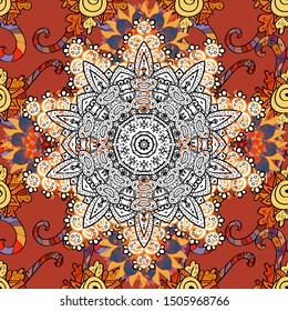 Floral hand drawn seamless pattern. Modern flourish orange, white and black vector background wallpaper illustration with vintage line art tracery paisley flowers, flowery ornaments.