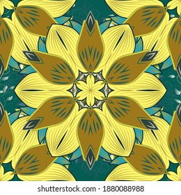 Floral hand drawn seamless pattern. Modern flourish brown, yellow and green vector background wallpaper illustration with vintage line art tracery paisley flowers, flowery ornaments.