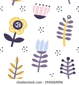 Floral hand drawn seamless pattern. Multicolor flowers in scandinavian style. Tulips, camomiles, poppies flat hand drawn backdrop. Spring holidays presents and gifts wrapping paper
