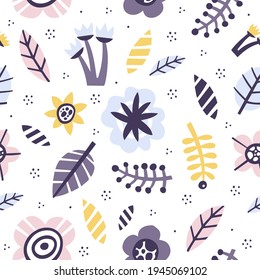 Floral hand drawn seamless pattern. Multicolor flowers in scandinavian style. Tulips, camomiles, poppies flat hand drawn backdrop. Spring holidays presents and gifts wrapping paper