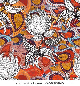 Floral hand drawn seamless pattern. Modern flourish pleasant vector background wallpaper illustration with vintage line art tracery paisley flowers, flowery ornaments. Orange, brown, white.