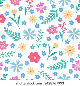 Blumenhandgezeichnetes nahtloses Muster. Frühling oder Sommer Hintergrund mit Blumen und Zweigen.