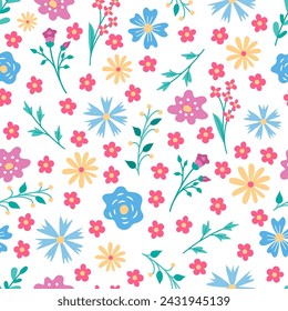 Floral hand drawn seamless pattern. Spring or summer background with flowers and twigs.