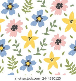Floral hand drawn seamless pattern. Beautiful vector hand drawn texture. Romantic background for web pages, wedding invitations, save the date cards, spring decorations. Rustic spring vector texture.