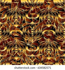 Floral hand drawn seamless pattern  background wallpaper illustration with vintage  gold 3d paisley flowers, swirl leaves and modern flourish ornaments. Vector flowery texture
