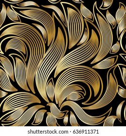 Floral hand drawn seamless pattern. Black background wallpaper illustration with gold 3d line art striped paisley flowers, curve swirl leaves and flourish abstract  ornaments. Vector surface texture