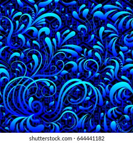Floral hand drawn seamless pattern. Vintage blue paisley background. Luxury bright wallpaper illustration with 3d flowers, swirl curve leaves and beautiful modern ornaments. Vector surface texture.