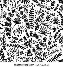 Floral hand drawn seamless pattern. Hand drawn abstract fancy flowers. Folk painting style. Summer ornament. Monochrome background. Repeatable backdrop.