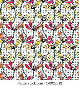 Floral hand drawn seamless pattern. Hand drawn abstract fancy flowers on geometric background. Folk painting style. Summer blooming ornament. Colorful background. Repeatable backdrop.