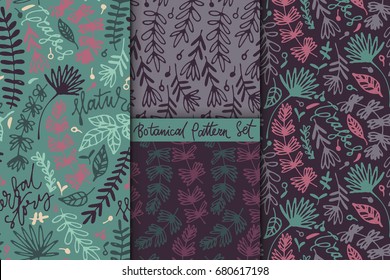 Floral hand drawn seamless pattern set. Hand drawn abstract fancy leaves and grasses. Folk hand drawn style. Summer ornament. Colorful background. Repeatable backdrop.