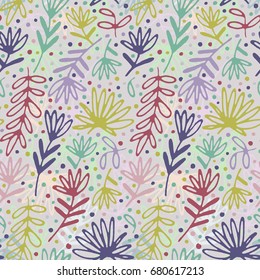 Floral hand drawn seamless pattern. Hand drawn abstract fancy leaves, flowers and grasses. Folk hand drawn style. Summer ornament. Colorful background. Repeatable backdrop.