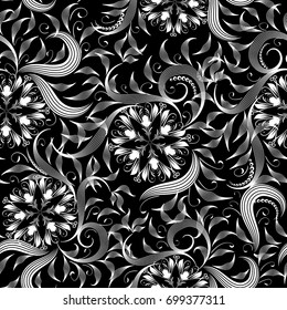 Floral hand drawn seamless pattern. Vector black background wallpaper illustration with white vintage flowers, swirl curve line art leaves and beautiful ornaments. Isolated texture for fabric, prints