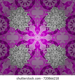 Floral hand drawn seamless pattern. Modern flourish purple, white and magenta vector background wallpaper illustration with vintage purple, white and magenta line art tracery paisley flowers, flowery.