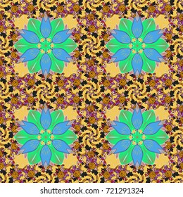 Floral hand drawn seamless pattern. Modern flourish yellow, green and black vector background wallpaper illustration with vintage yellow, green and black line art tracery paisley flowers, flowery.