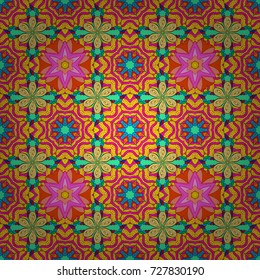 Floral hand drawn seamless pattern. Modern flourish yellow, magenta and green vector background wallpaper illustration with vintage line art tracery paisley flowers, flowery ornaments.
