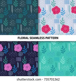 Floral hand drawn seamless pattern set. Scandinavian style patterns with flowers and leaves. Vector illustration