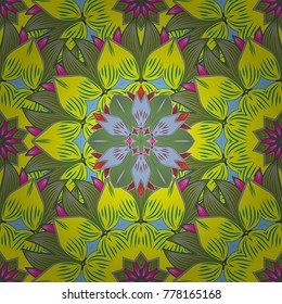 Floral hand drawn seamless pattern. Modern flourish yellow, green and blue vector background wallpaper illustration with vintage line art tracery paisley flowers, flowery ornaments.