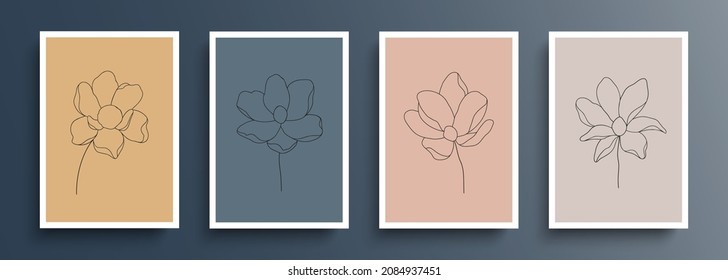 Floral hand drawn set. Black flower line art drawing with color backgrounds. Abstract flowers collection for your botanical graphic design. Vector illustration.
