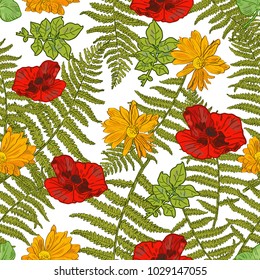 Floral hand drawn spring seamless pattern with leaves and flowers.