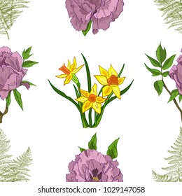 Floral hand drawn spring seamless pattern with leaves and flowers.