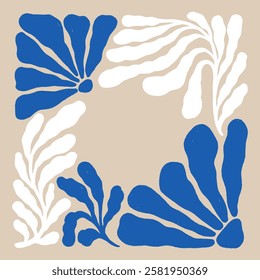 Floral hand drawn square frame. Blue and white flowers on beige background. Vector botanical illustration. Design for posters, cards, flyers.