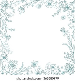 Floral hand drawn square frame. Flowers and leaves decorative border. Vector
