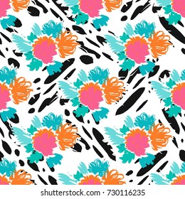 Floral Hand Drawn Strokes Bouquets Seamless Beautiful Pattern.Hand Drawn Expressive Vector Painting Illustration  for Surface , Invitation , Notebook,Wrap Paper ,Textiles, Cover, Magazine 