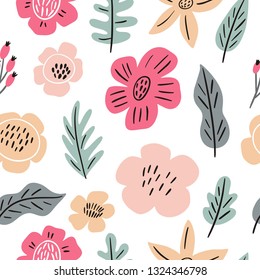 Floral hand drawn summerseamless pattern. Pastel abstract flowers and leaves pattern. Spring print for posters and greeting cards