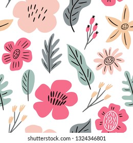 Floral hand drawn summerseamless pattern. Pastel abstract flowers and leaves pattern. Spring print for posters and greeting cards