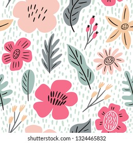 Floral hand drawn summerseamless pattern. Pastel abstract flowers and leaves pattern. Spring print for posters and greeting cards