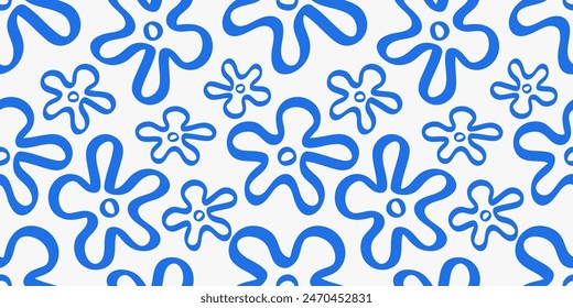 Blumenhandgezeichnete Vektorgrafik Blau Weiß Nahtloses Muster, Frühling und Sommer, zufällig
