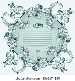 Floral hand drawn vector border. Nature elements and objects  illustration. Frame design.