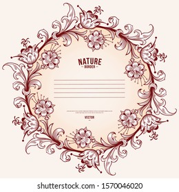Floral hand drawn vector border. Nature elements and objects  illustration. Frame design.