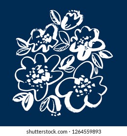 Floral hand drawn vector illustration. White blossoms on blue background vintage drawing. Grunge brushstroke blooming flowers sketch. Decorative botanical poster, greeting card, banner design element