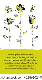 Floral hand drawn vector illustration in doodle style. Lettering design for card, posters, advertisement. Three colors. Spring background with cute insects and flowers