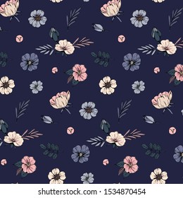 Floral hand drawn vector seamless background on dark blue. pink flowers pattern with leaves and branches.