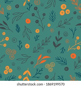 Blumengezeichnete, handgezeichnete Vektorgrafik nahtlos. Abstrakter Hintergrund mit Ästen, Beeren, Pflanzen. Farbige Tapete im Doodles-Stil. Einfaches botanisches Design für Druck, Verpackung, Karte, Textilien, Stoff, Dekoration.