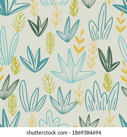 Patrón sin fisuras del vector dibujado a mano floral. Fondo abstracto con ramas, hojas, plantas. Papel colorido al estilo de los doodles. Diseño botánico sencillo para impresión, envoltura, tarjeta, textil, tela, decoración.