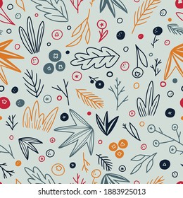 Floral hand drawn vector seamless pattern. Abstract background with branches, berry, plants. Colorful wallpaper in doodles style. Simple botanical design for print, wrap, card, textile, fabric, decor.