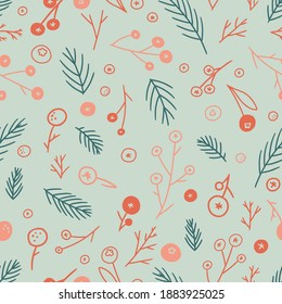 Floral hand drawn vector seamless pattern. Abstract background with branches, berry, plants. Winter wallpaper in doodles style. Simple botanical design for print, wrap, card, textile, fabric, decor.