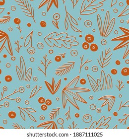 Patrón sin fisuras del vector dibujado a mano floral. Fondo abstracto con ramas, bayas, plantas. Papel colorido al estilo de los doodles. Diseño botánico sencillo para impresión, envoltura, tarjeta, textil, tela, decoración.