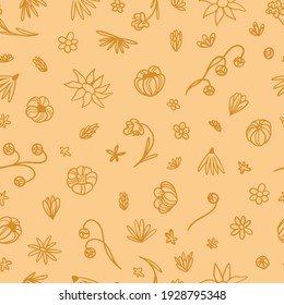 Floral hand drawn vector seamless pattern. Background with abstract flowers. Yellow colors ornament in doodles style. Simple botanical design for print, card, textile, fabric, wallpaper, decor, wrap.