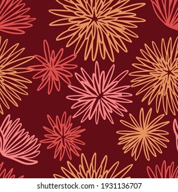 Patrón sin fisuras del vector dibujado a mano floral. Fondo con flores de crisantemo abstracto. С adorno de colores en estilo doodles. Diseño botánico para impresión, tarjeta, textil, tela, papel pintado, decoración, envoltura