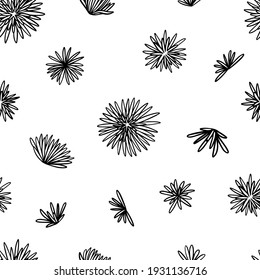 Floral hand drawn vector seamless pattern. Background with abstract chrysanthemums flowers. Black ornament in doodles style. Botanical design for print, card, textile, fabric, wallpaper, decor, wrap.