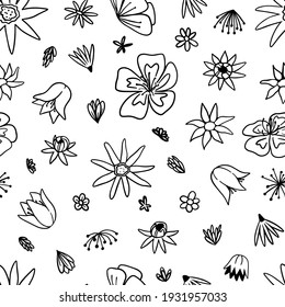 Floral hand drawn vector seamless pattern. Background with abstract flowers. Black colors ornament in doodles style. Simple botanical design for print, card, textile, fabric, wallpaper, decor, wrap.