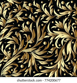 Floral hand drawn vector seamless pattern. Gold black leafy background wallpaper with vintage golden leaves, branches, polka dots, swirls, line art tracery intricate ornaments. Surface texture.