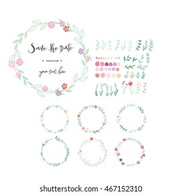 Floral hand drawn vector set. wreath logo and hand writing font for wedding card or decorative on logo design template. Vector illustration.