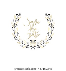 Floral hand drawn vector set. wreath logo and hand writing font for wedding card or decorative on logo design template. Vector illustration.

