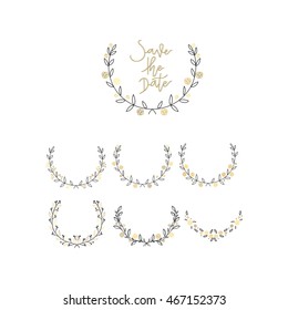 Floral hand drawn vector set. wreath logo and hand writing font for wedding card or decorative on logo design template. Vector illustration.

